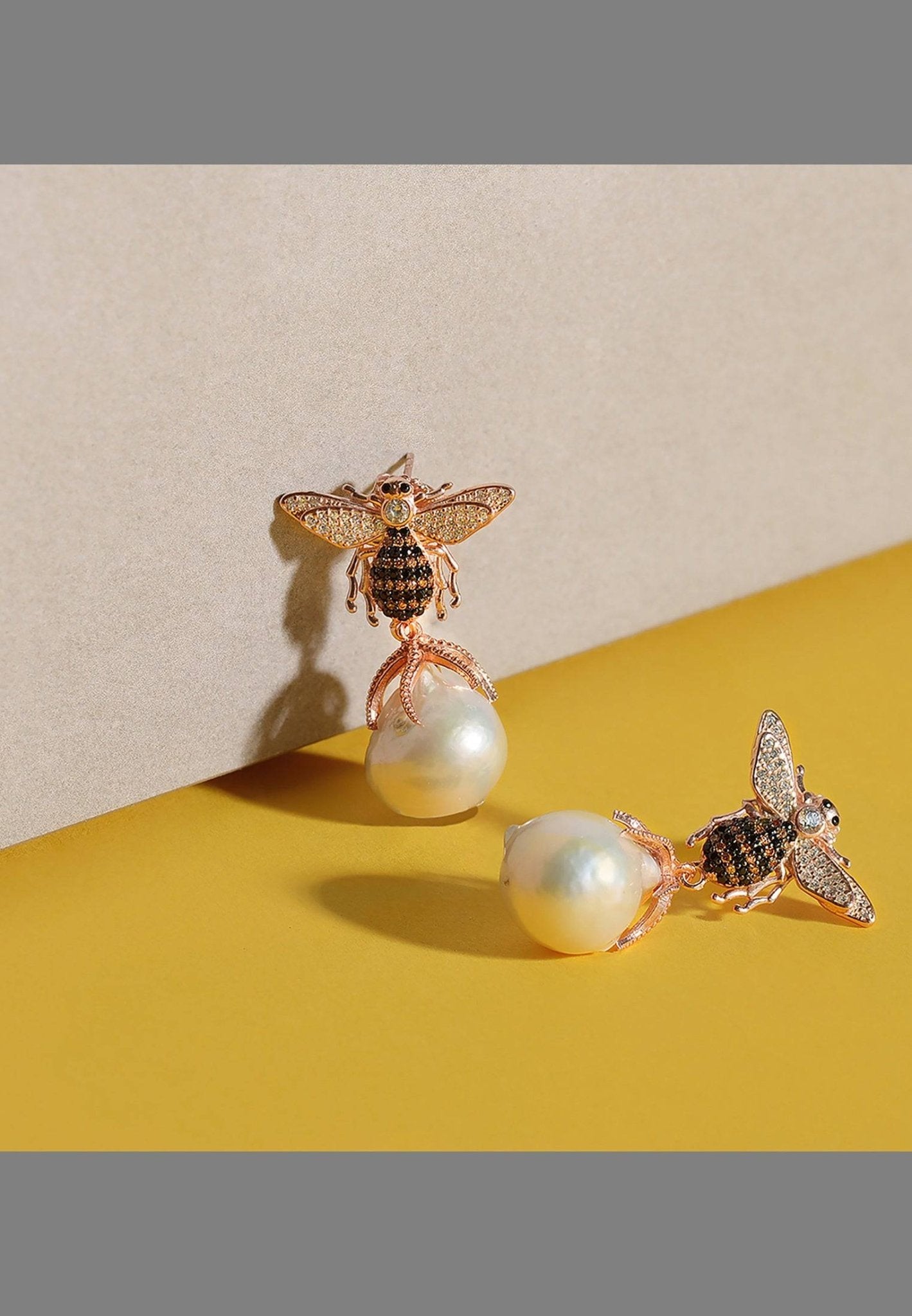 Baroque Pearl Honey Bee Drop Earrings Rosegold